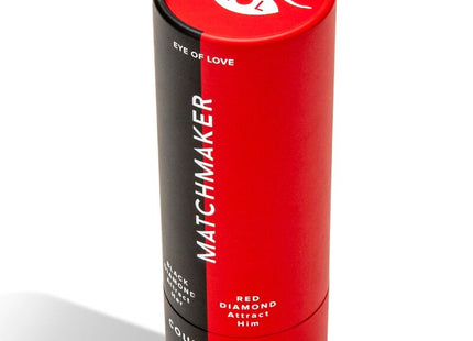 Rote und schwarze zylindrische verpackung des eye of love matchmaker pheromon 2-teiliges set für paare mit rotem deckel und augenlogo