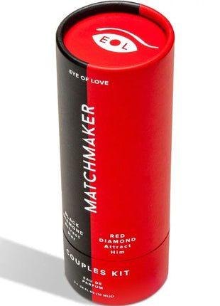 Rote und schwarze zylindrische verpackung des eye of love matchmaker pheromon 2-teiliges set für paare mit rotem deckel und augenlogo