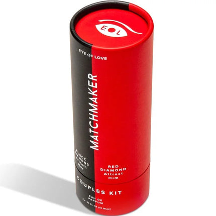Rote und schwarze zylindrische verpackung des eye of love matchmaker pheromon 2-teiliges set für paare mit rotem deckel und augenlogo