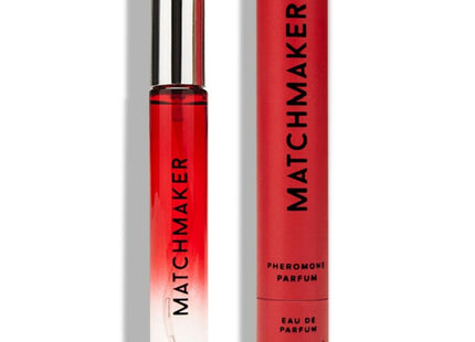 Rote und transparente gradient roll on parfumsflasche mit silberkappe und marke matchmaker von eye of love