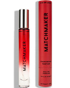 Rote und transparente gradient roll on parfumsflasche mit silberkappe und marke matchmaker von eye of love