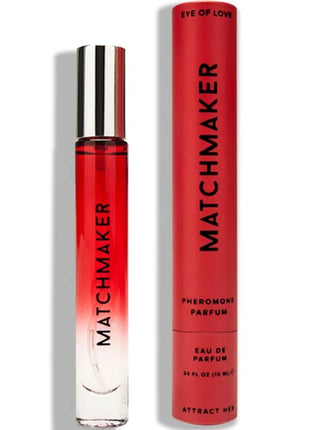 Rote und transparente gradient roll on parfumsflasche mit silberkappe und marke matchmaker von eye of love