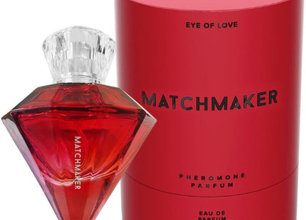 Roter diamantförmiger parfumsflakon matchmaker mit klarem kristallverschluss und passender roter zylindrischer box