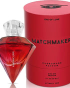 Roter diamantförmiger parfumsflakon matchmaker mit klarem kristallverschluss und passender roter zylindrischer box