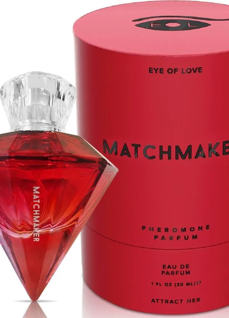 Roter diamantförmiger parfumsflakon matchmaker mit klarem kristallverschluss und passender roter zylindrischer box