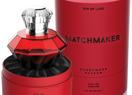 Roter facettierter glasflakon eye of love matchmaker red diamond parfüm mit kristallartigem silberverschluss und schwarzer innenseite
