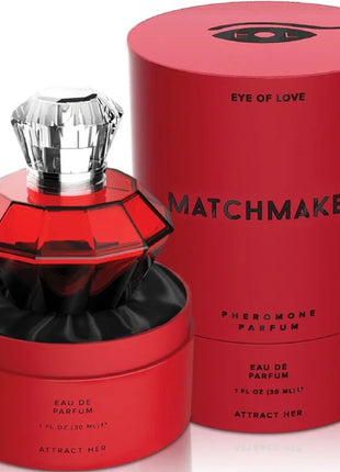 Roter facettierter glasflakon eye of love matchmaker red diamond parfüm mit kristallartigem silberverschluss und schwarzer innenseite