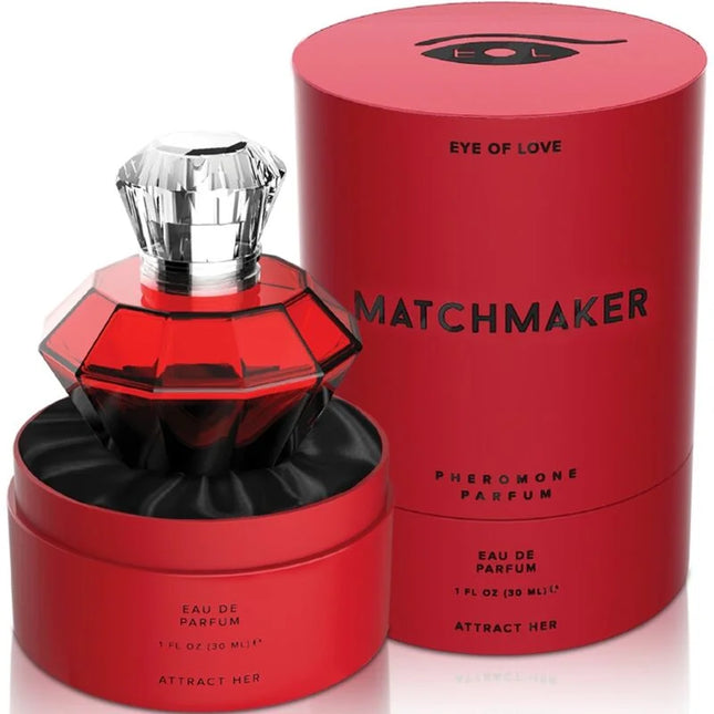 Roter facettierter glasflakon eye of love matchmaker red diamond parfüm mit kristallartigem silberverschluss und schwarzer innenseite