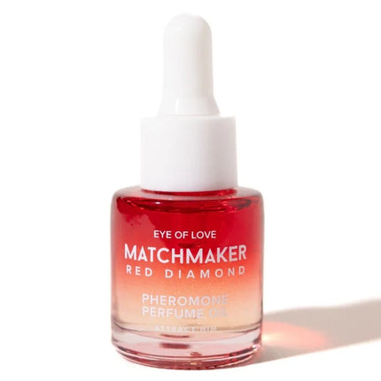 Eine klare glasflasche mit weißem tropferdeckel, gefüllt mit rot-pinkem verlauf, matchmaker red diamond pheromon parfumöl für angenehmes hautgefühl