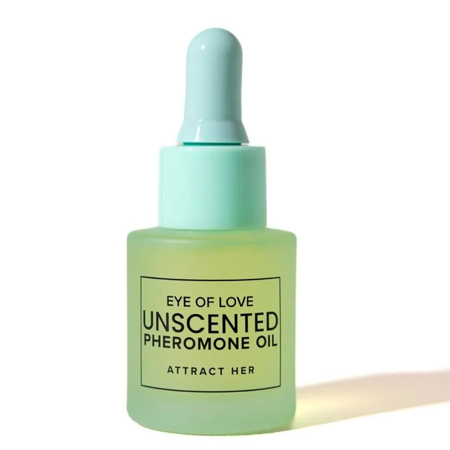 Eine transluzente mintgrüne glasflasche mit tropferkappe und einer etikette eye of love unscented pheromonöl mit pflanzenbasierten pheromonen