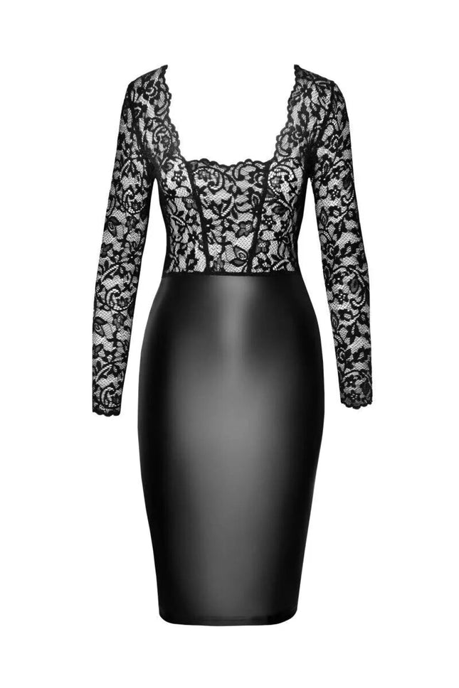 F295 halblanges Wetlook Kleid mit Spitze von Noir Handmade - S / Black - Kleid