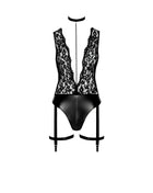 F297 Deep-V-Body mit Strumpfhalter von Noir Handmade - S / schwarz - Body