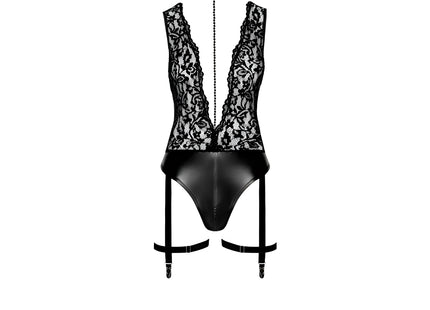 F297 Deep-V-Body mit Strumpfhalter von Noir Handmade - S / schwarz - Body