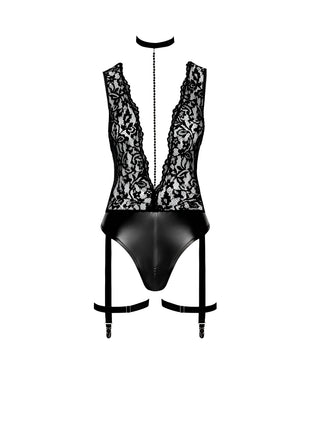 F297 Deep-V-Body mit Strumpfhalter von Noir Handmade - S / schwarz - Body