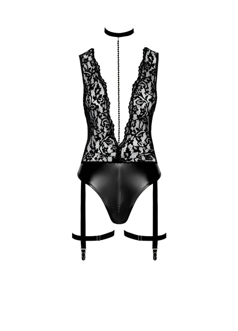 F297 Deep-V-Body mit Strumpfhalter von Noir Handmade - S / schwarz - Body