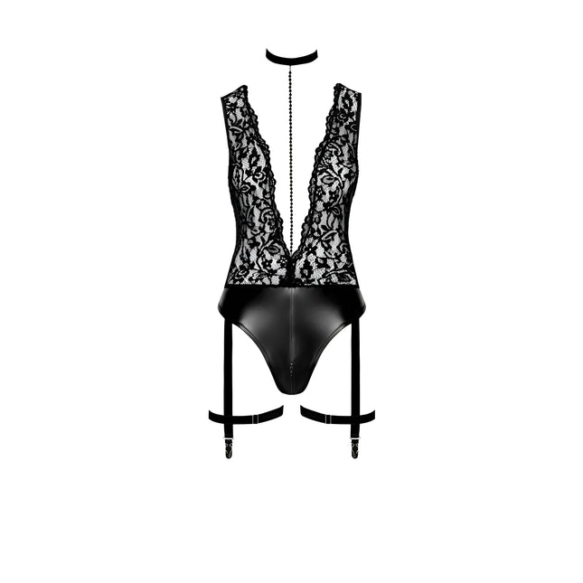 F297 Deep-V-Body mit Strumpfhalter von Noir Handmade - S / schwarz - Body