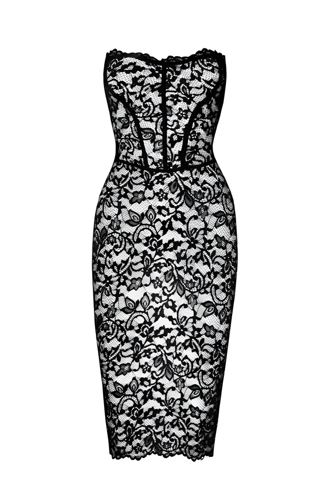 F301 halblanges Corsagen-Kleid aus Spitze von Noir Handmade - S / schwarz - halblanges Kleid