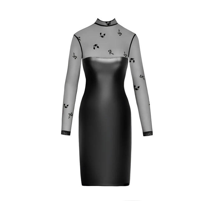 F310 halblanges Powerwetlook Kleid mit Tüll von Noir Handmade - S / schwarz - Minikleid