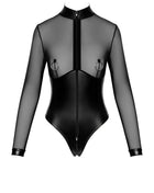 F321 Wetlook/Tüll Body mit Ringen von Noir Handmade - S / Black - Bodys