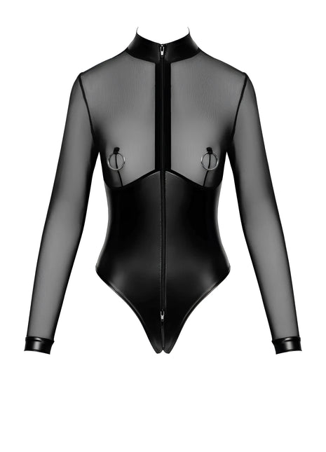 F321 Wetlook/Tüll Body mit Ringen von Noir Handmade - S / Black - Bodys