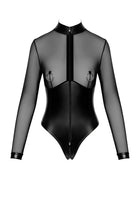 F321 Wetlook/Tüll Body mit Ringen von Noir Handmade - S / Black - Bodys
