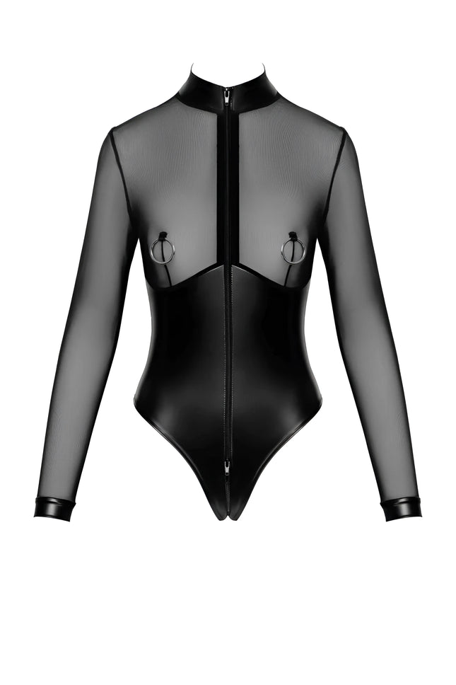F321 Wetlook/Tüll Body mit Ringen von Noir Handmade - S / Black - Bodys