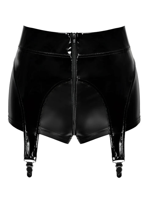F325 Wetlook Shorts mit PVC Strumpfhaltern von Noir Handmade - S / schwarz - Damen-Shorts
