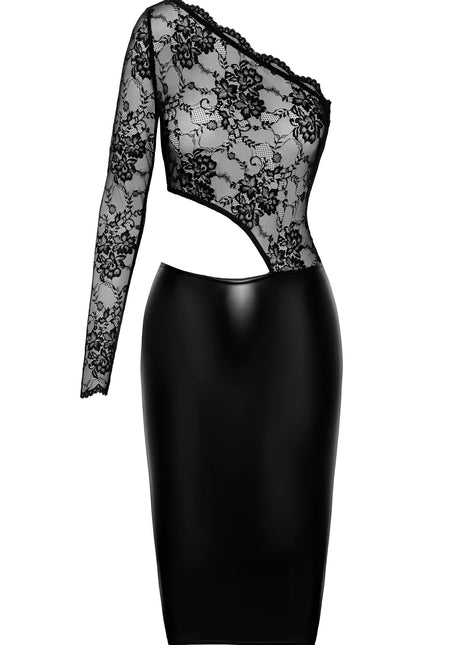 F339 halblanges Wetlook Kleid mit Spitze von Noir Handmade - S / schwarz - halblanges Kleid