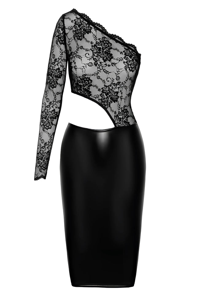 F339 halblanges Wetlook Kleid mit Spitze von Noir Handmade - S / schwarz - halblanges Kleid