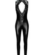 F342 Wetlook Overall mit Spitzen Ausschnitt von Noir Handmade - S / schwarz - Overall