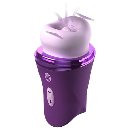 Lila lush kiss plush klitoralstimulator aus silikon und plastik mit weißem, rundem kopf und bewegungspfeilen