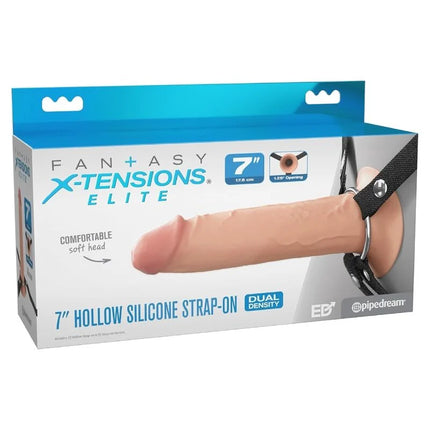 7 zoll hohl-silikon strap-on in beigem realistischen design mit doppeldichte und schwarzen gurten von fantasy x-tensions elite