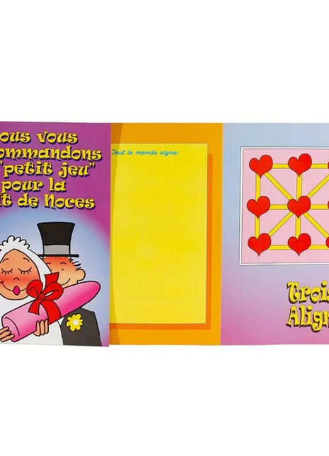 Bunte illustrierte femarvi hochzeitsnachtkarte mit cartoon brautpaar und pinkem scroll für spieleabende