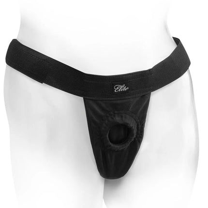 Fetish fantasy elite schwarze elastische stringhose mit zentraler ringöffnung aus elastischem material