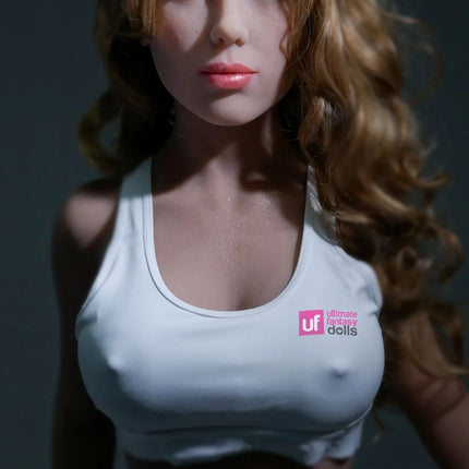 Weißer tanktop mit pinkem logo auf der brust von fetish fantasy extreme pipedream ultimate fantasy dolls mandy