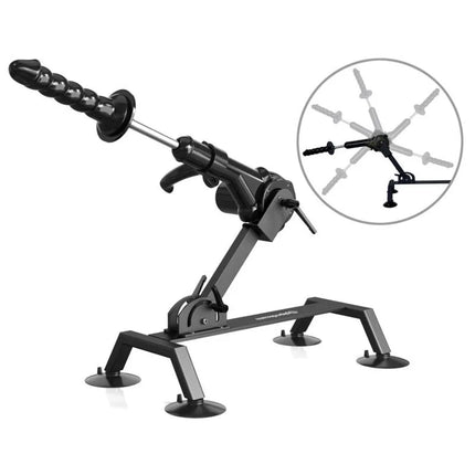 Schwarzer metall-adult-toy-stand mit verstellbarem arm und saugnäpfen aus der fetish fantasy series body dock pro sexmaschine