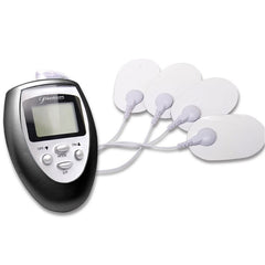 Elektrische stimulierungsschocktherapie-kit von fetish fantasy series mit schwarzem und silbernem elektrischem muskelstimulator und vier weißen ovalen elektrodensensoren
