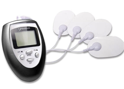 Elektrische stimulierungsschocktherapie-kit von fetish fantasy series mit schwarzem und silbernem elektrischem muskelstimulator und vier weißen ovalen elektrodensensoren