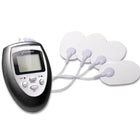Elektrische stimulierungsschocktherapie-kit von fetish fantasy series mit schwarzem und silbernem elektrischem muskelstimulator und vier weißen ovalen elektrodensensoren