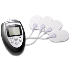 Elektrische stimulierungsschocktherapie-kit von fetish fantasy series mit schwarzem und silbernem elektrischem muskelstimulator und vier weißen ovalen elektrodensensoren