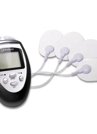 Elektrische stimulierungsschocktherapie-kit von fetish fantasy series mit schwarzem und silbernem elektrischem muskelstimulator und vier weißen ovalen elektrodensensoren