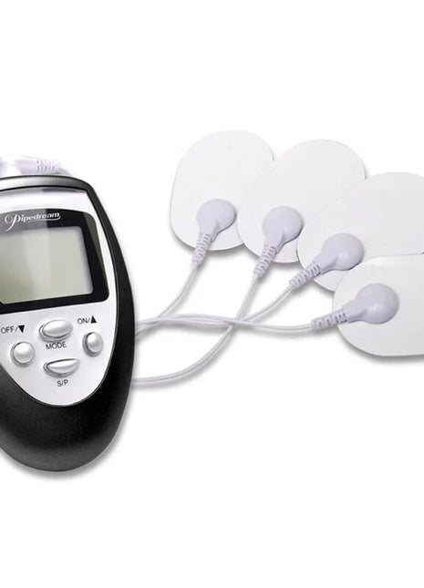 Elektrische stimulierungsschocktherapie-kit von fetish fantasy series mit schwarzem und silbernem elektrischem muskelstimulator und vier weißen ovalen elektrodensensoren