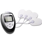 Elektrische stimulierungsschocktherapie-kit von fetish fantasy series mit schwarzem und silbernem elektrischem muskelstimulator und vier weißen ovalen elektrodensensoren