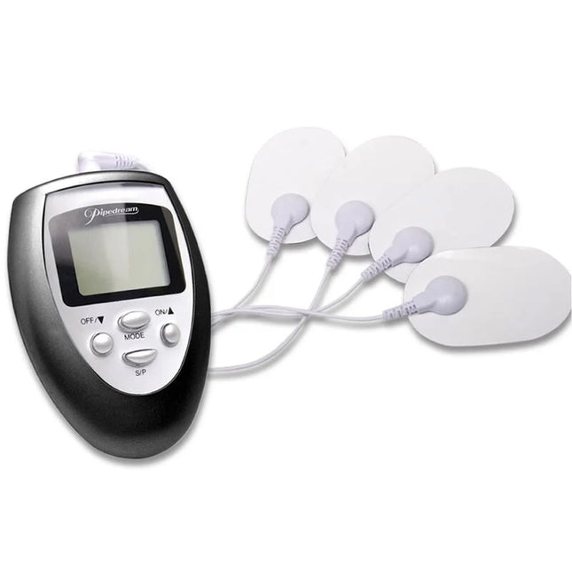 Elektrische stimulierungsschocktherapie-kit von fetish fantasy series mit schwarzem und silbernem elektrischem muskelstimulator und vier weißen ovalen elektrodensensoren