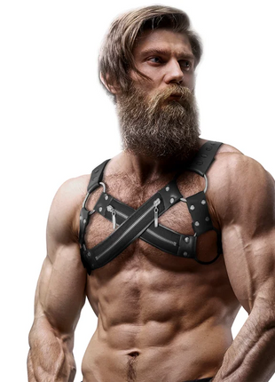 FETISH SUBMISSIVE ATTITUDE - VERSTELLBARER NEOPREN-CROSS-OVER-BRUSTBULLDOGGENGESCHIRR MIT REISSVERSCHLÜSSEN FÜR MNNER
