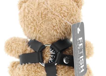 Tan plüsch teddy mit schwarzem ledergeschirr und silberner metallhardware fetisch submissive bongo teddybär bdsm modell 4