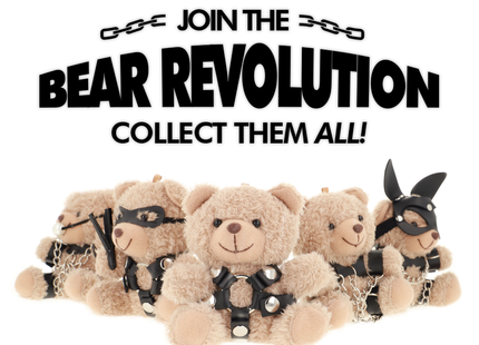 Fetish submissive beige plüschbär sammelset mit schwarzen ledergeschirren und ketten bongo teddybär bdsm modell 4
