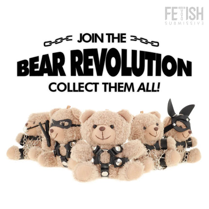 Fetish submissive beige plüschbär sammelset mit schwarzen ledergeschirren und ketten bongo teddybär bdsm modell 4
