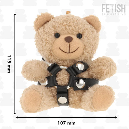 Ein plüschiger beiger teddy bär mit schwarzem ledergeschirr und silberner metallbeschläge im bdsm modell 4