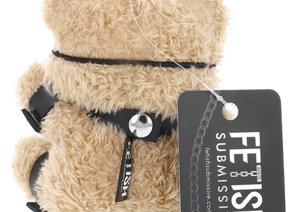 Beiger plüsch teddy mit schwarzem gurt und silberner schnalle im fetisch submissive fozzie teddybär bdsm modell 3